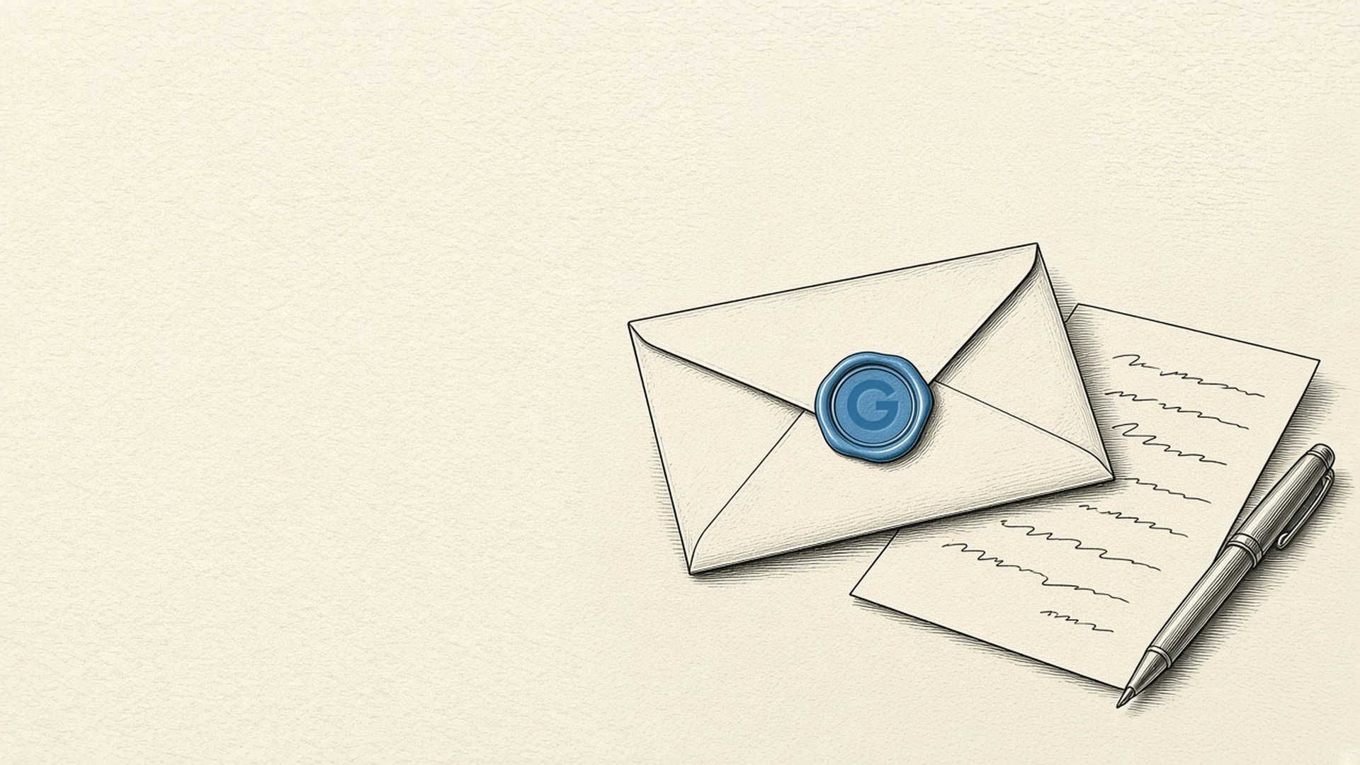 Pen-and-ink drawing of an envelope closed with a blue wax seal stamped with the Goodcover G, lying on a handwritten letter beside a pen.
